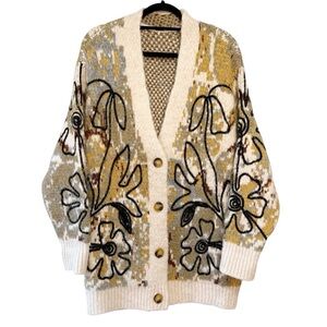 Free People Alexis Floral Oversized Boho Cardigan Sweater Sandstone Size Small